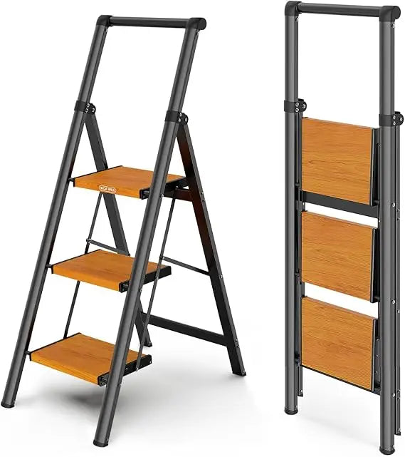 WOA WOA 3 Step Ladder, Ladders for Home, Anti-Slip Pedals, Aluminum Step Stool Foldable, Lightweight to Move, Ease of Storage, R