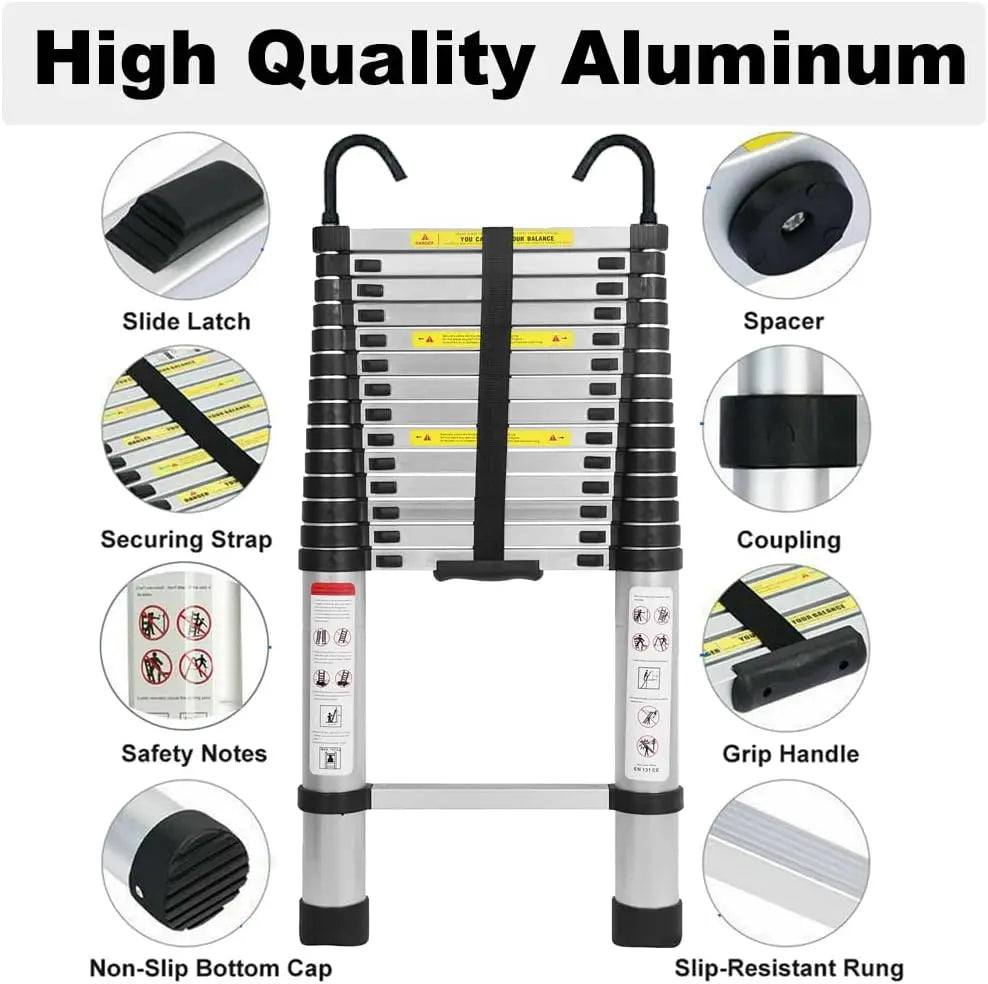 DayPlus Multi-Purpose 6.2M Telescopic Ladder with Removable Hook Aluminium Folding Ladder Non-Slip Extendable Robust 150kg/330lb