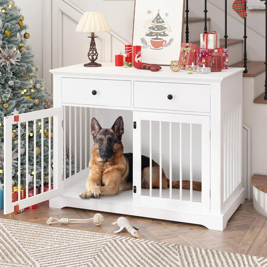 Dog Crate Furniture, 44 Inch Wooden Dog Kennel Indoor with 2 Storage Drawers, Heavy Duty Large Dog Crate Furniture