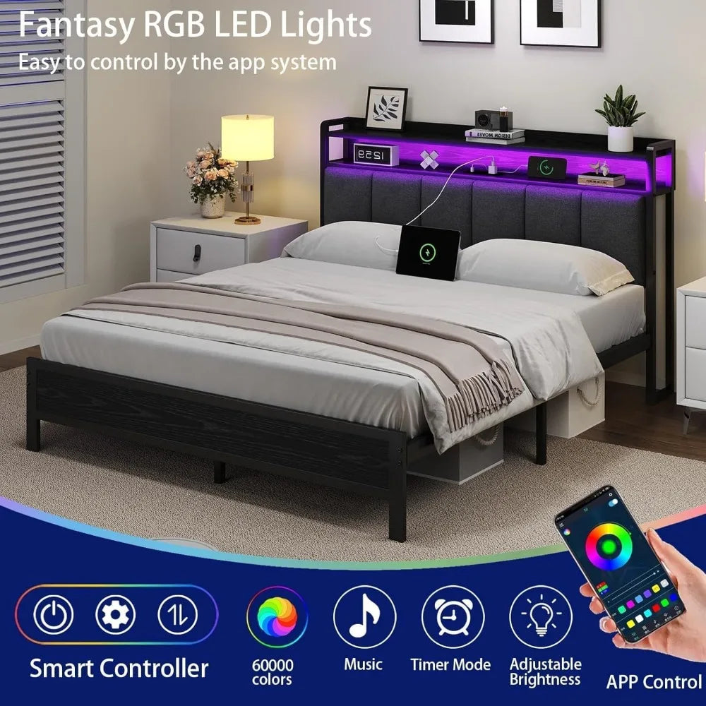 Queen Size Metal Platform Bed Frame with LED Lighting and Charging Station, Upholstered Storage Headboard Included