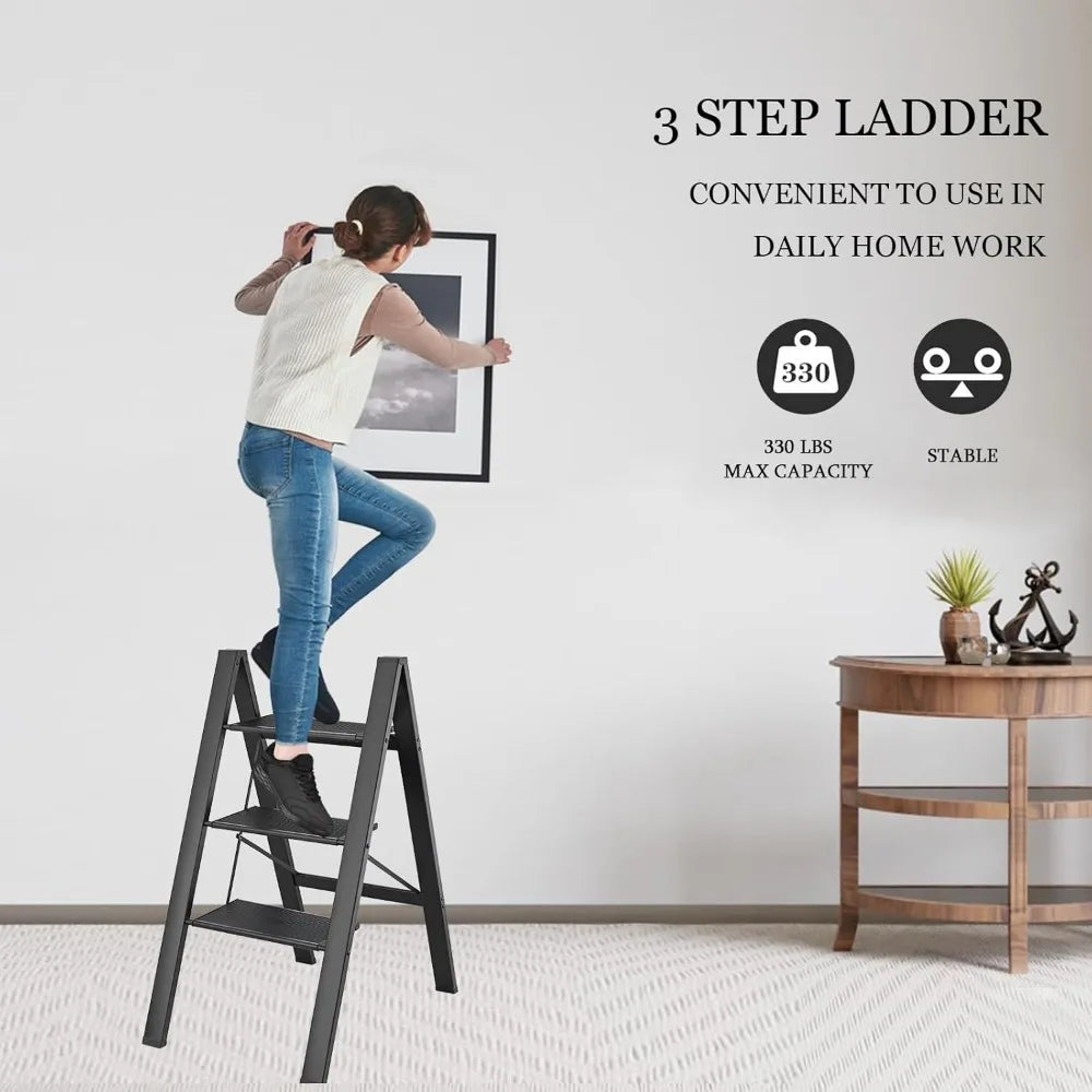 3 Step Ladder, Folding Step Stool with Wide Anti-Slip Pedals,Max Load 330 Lbs Capacity,Lightweight Aluminum Sturdy Step Ladder,