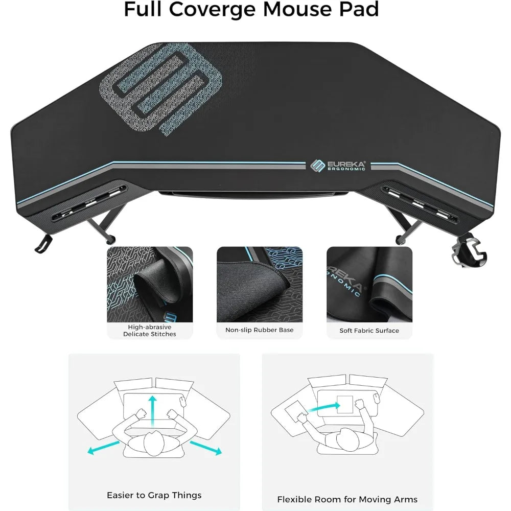 Aero Gaming Desk with Led Lights, 72" Large Wing-Shaped Studio Desk W Keyboard Tray Monitor Stand Dual Headphon