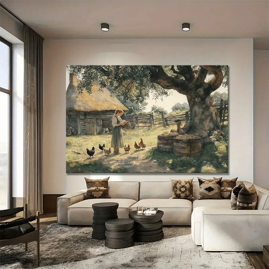 1.5 inch thick pine frame canvas wall art rustic farmhouse chicken scene with peaceful scenery, suitable for interior decoration