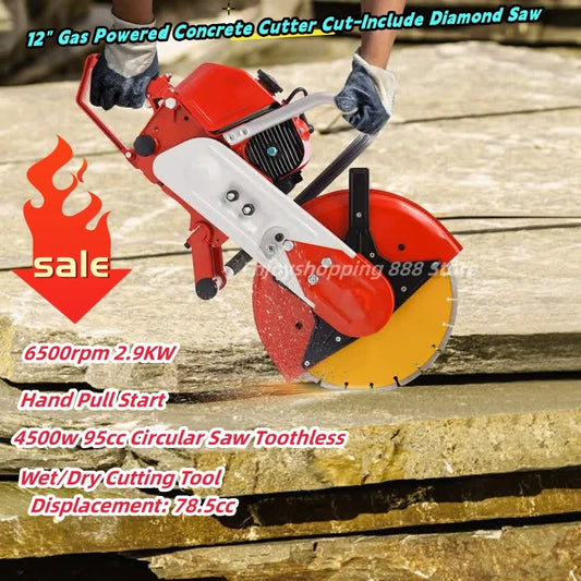 12" Gas Powered Concrete Cutter Cut-Include Diamond Saw Blade 4500w 95cc Circular Saw Toothless Wet/Dry Cutting Tool