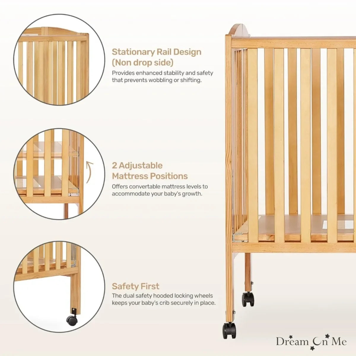 2-in-1 Folding Crib & Playard, Portable Baby Bed with Wheels for Travel, Compact for Home & Visits, Quick-Fold Design
