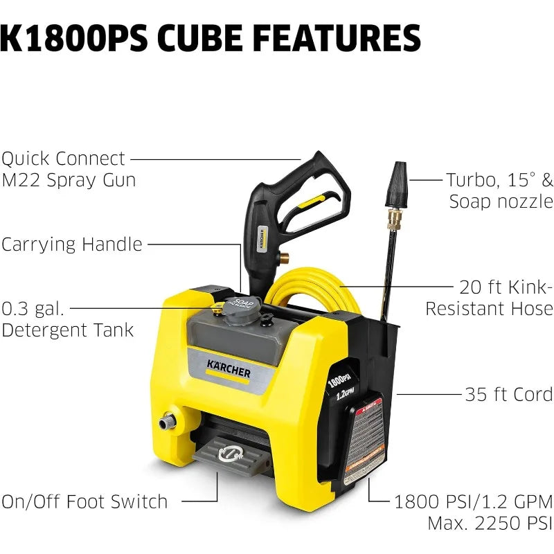 Kärcher Pressure Washer K1800PS Cube, Max 2250 PSI, 3 Spray Nozzles, Detergent Tank, For Cars, Driveways, Siding, Patios