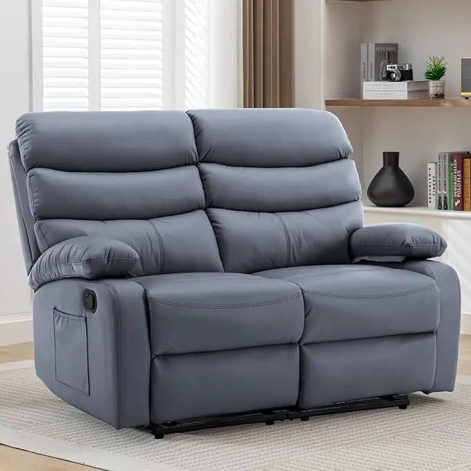 Recliner Sofa, Small Sofa Couch, PU Leather Reclining Sofa 2-Seater Manual Double Seater Recliner with Side Pockets