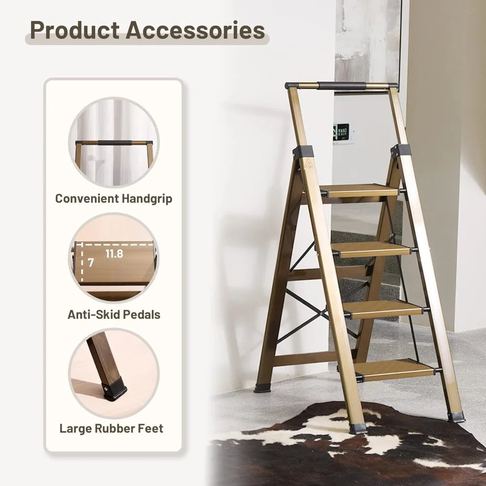 5 step ladder, aluminum 5 step stool with retractable handrail and anti-slip wide pedal, folding stool ladders 5 steps, 330lbs