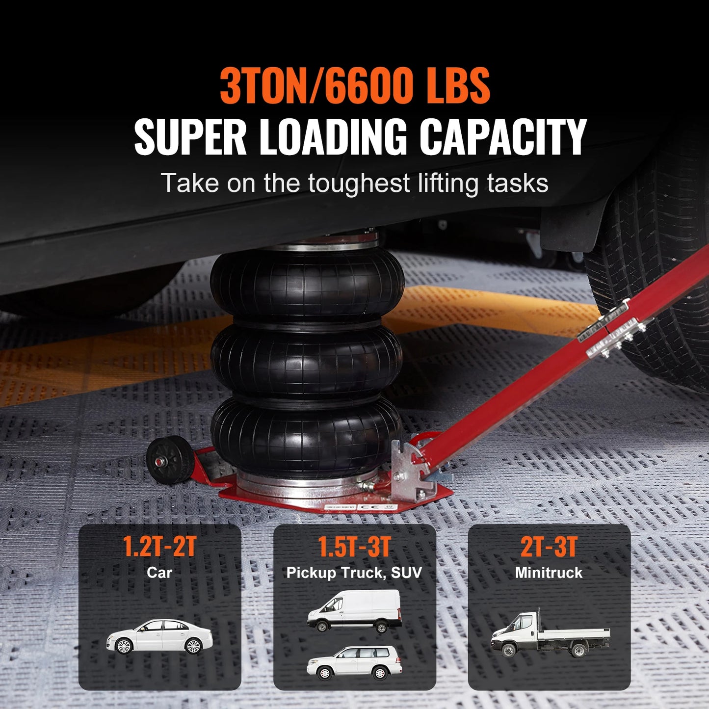 SucceBuy Pneumatic Jack 3 Ton/5 Ton Triple Bag Air Jack Quick Lift Heavy Duty Car Repair Jacks Folding Rod Jacks with Two Wheels