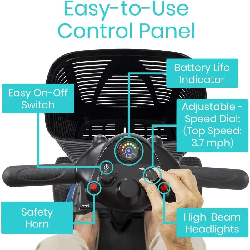 Wheel Mobility Scooter - Electric Powered Wheelchair Device - Compact Heavy Duty Mobile for Travel, Adults, Elderly - Lon