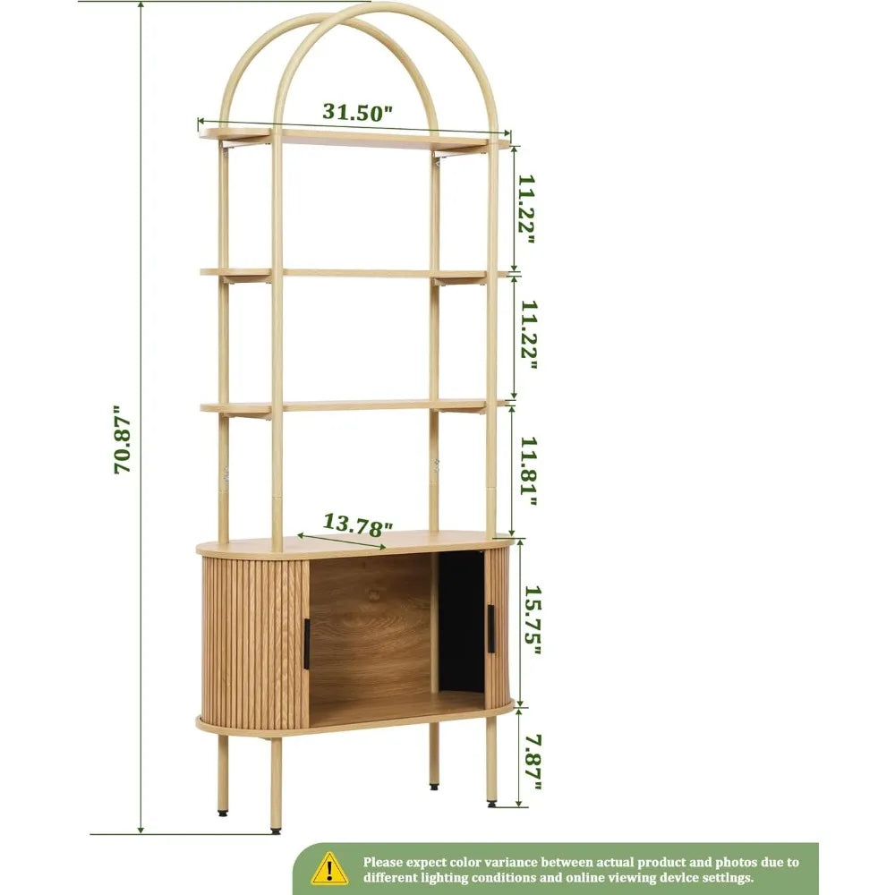 71" Tall Mid Century Modern Fluted Arched Bookshelf. Features sliding tambour doors and 4 - tier open storage. This curved books
