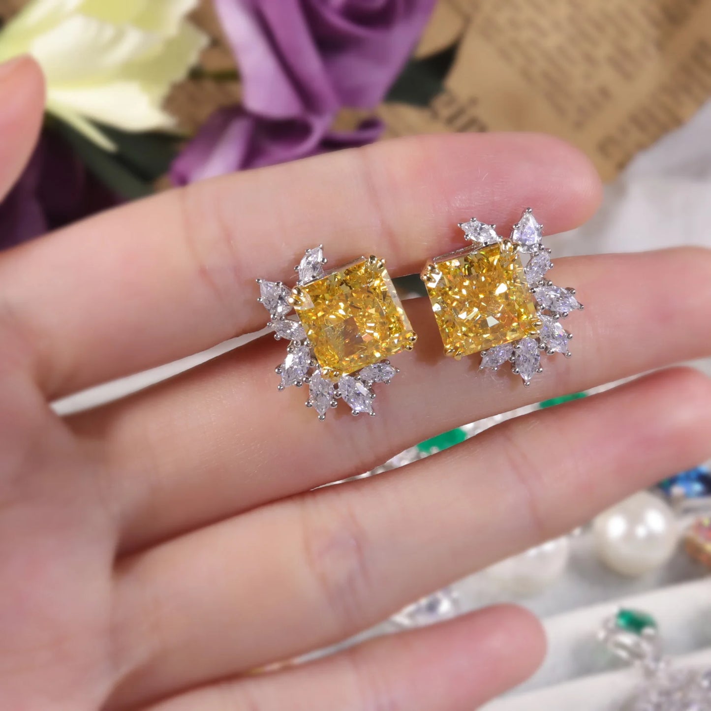 GEM'S BALLET Marquise Diamond-fire CZ- Fancy Vivid Yellow Stud Earrings 925 Sterling Silver Exquisite Vintage Style Earring