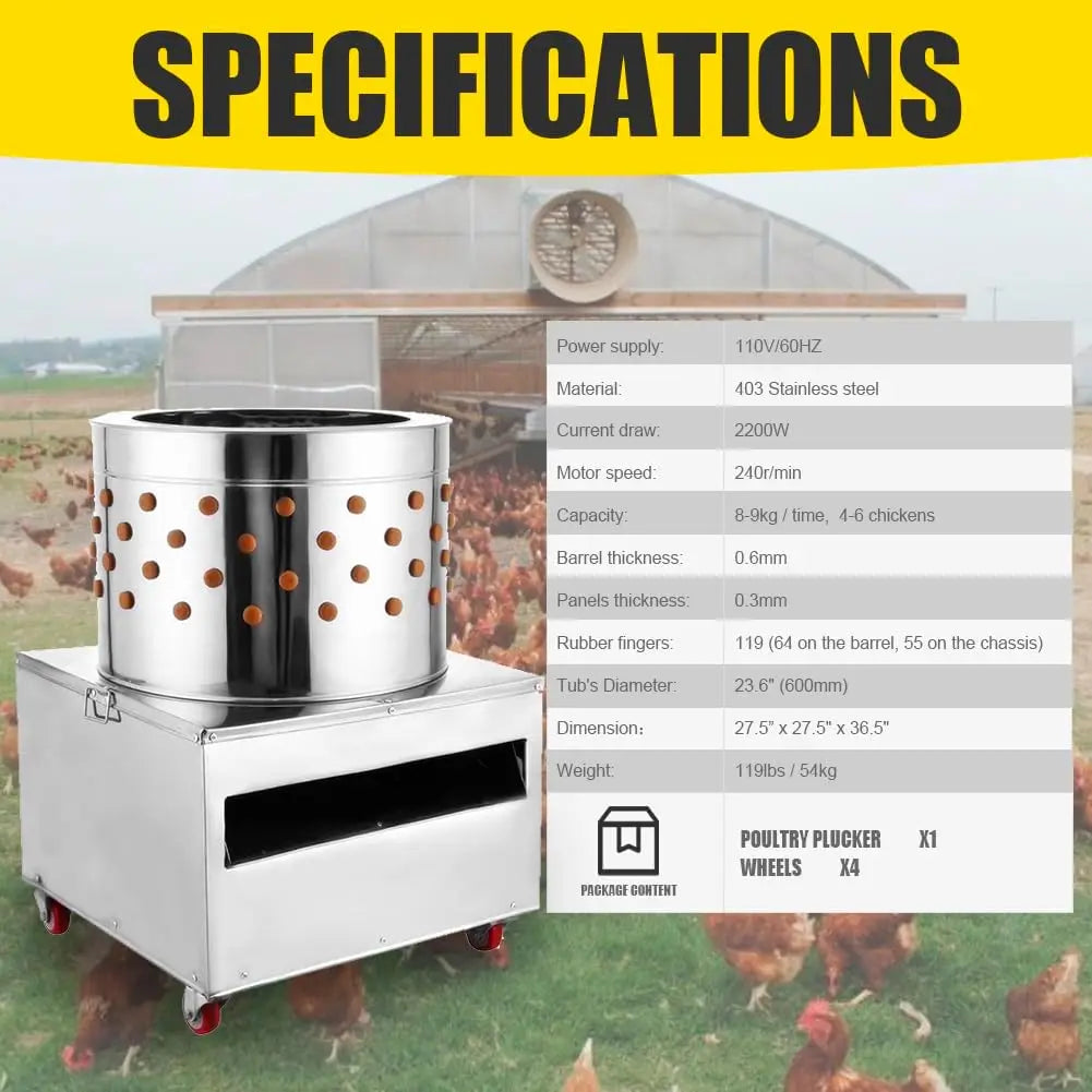 Stainless Steel Chicken Plucker 23.6 Inch Barrel Diameter De Feather Remover Poultry Machine 2200 Watt 275Rpm Heavy Duty