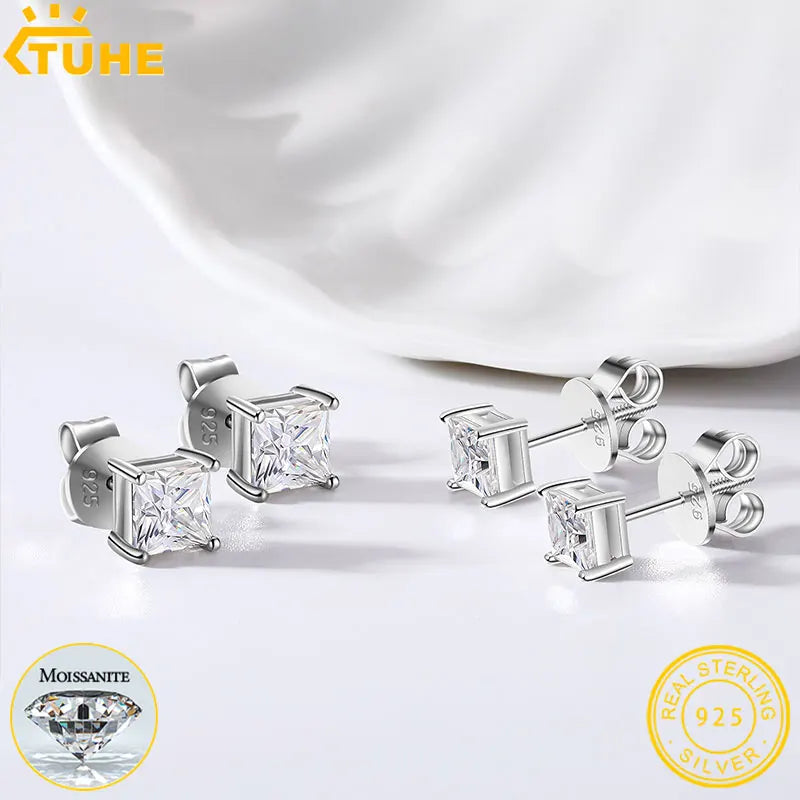 TUHE Unisex VVS1 Square Moissanite Women Earrings 925 Silver Fine Jewelry Earings 4MM/5MM Silver 925 Fashion Earrings Women Gift