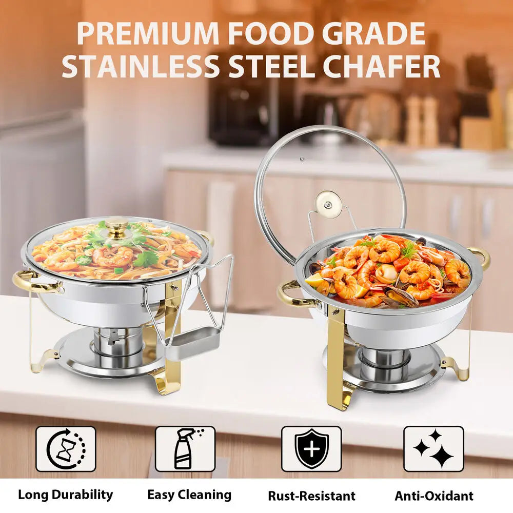 6Pack 5QT Stainless Steel Chafing Dish Buffet Set Round w/Glass Lid Gold