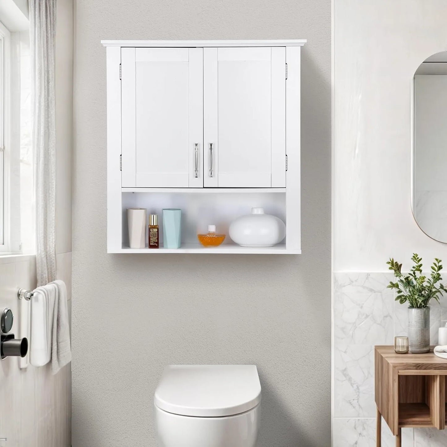 Bathroom Wall Cabinet Over The Toilet Wall Mount Storage Medicine Laundry Cabinet with Two Doors and Three Adjustable Shelves