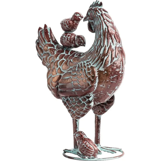 Garden Chicken Art Outdoor Statues - Mother Hen & Chicks Metal Statue, 13.5"x18" Life-Like Chicken Decor, Antique Copper Yard Or