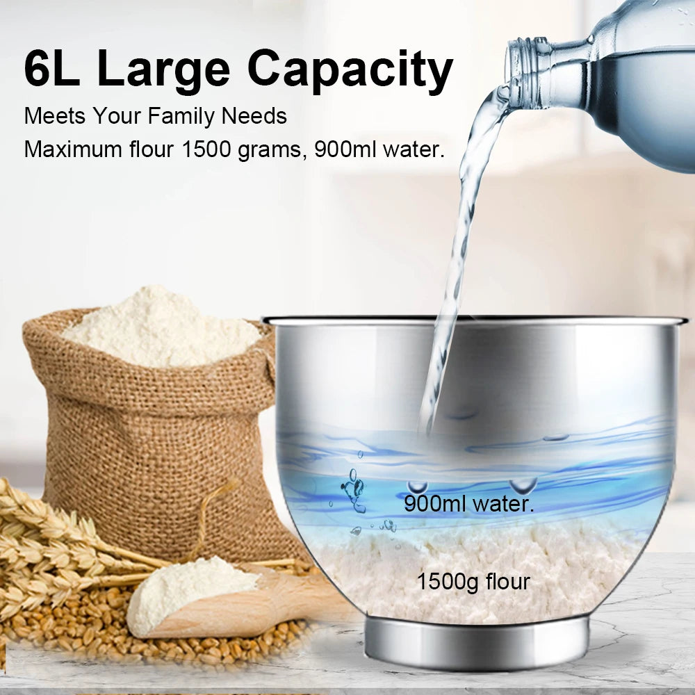 BioloMix 6L 1200W DC Quiet Motor 6-speed Kitchen Food Processors Stand Mixer Cream Egg Whisk Whip Dough Kneader Blender