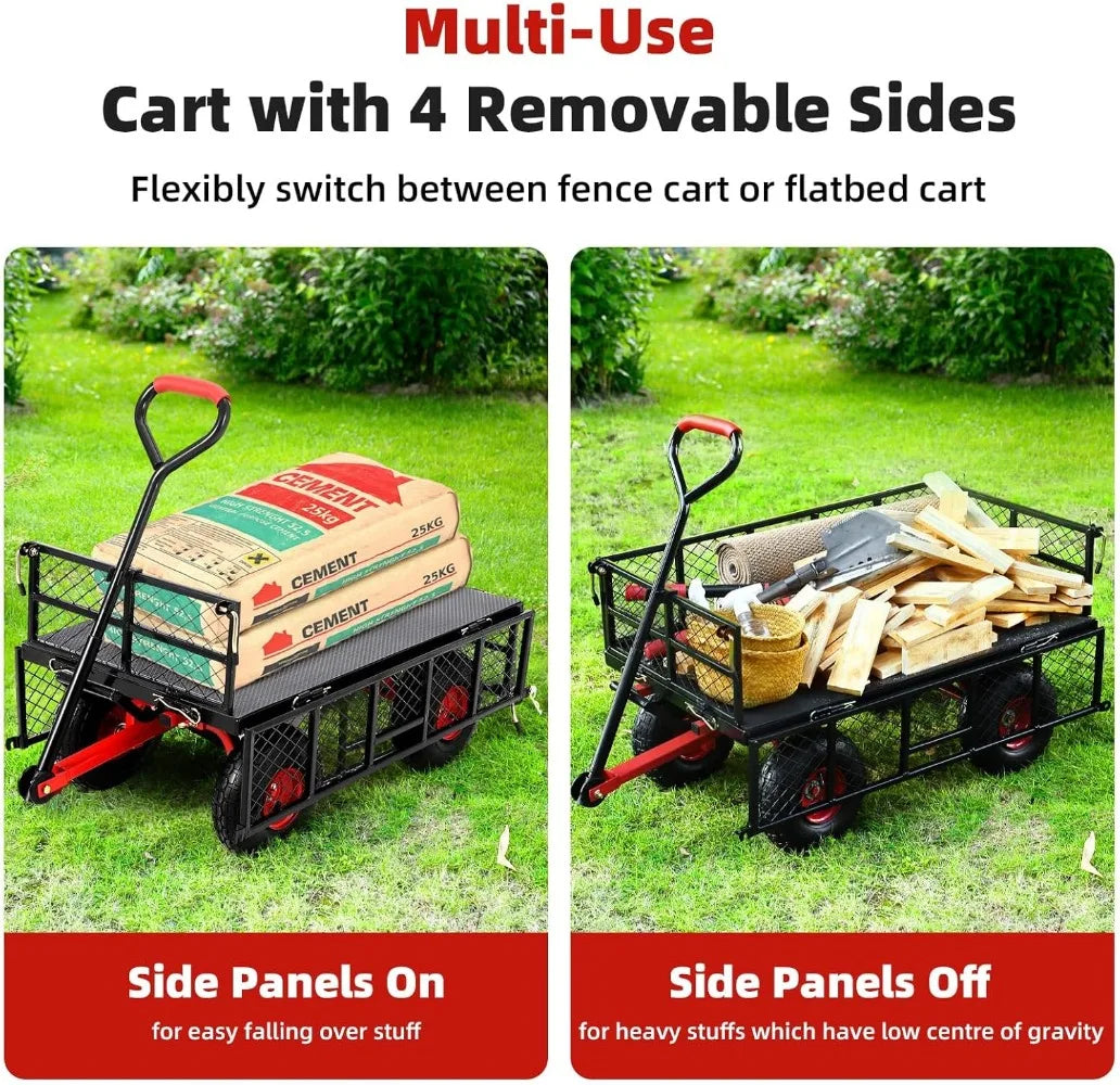 Flat Free Tires Steel Garden Cart with 180° Rotating Handle and Removable Sides, Heavy Duty Utility Garden Carts and Wagons