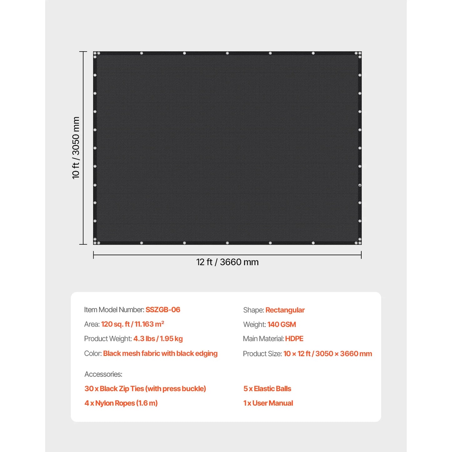 VEVOR 90 Percent Shade Cloth 10X10 Pergola HDPE Canopy
