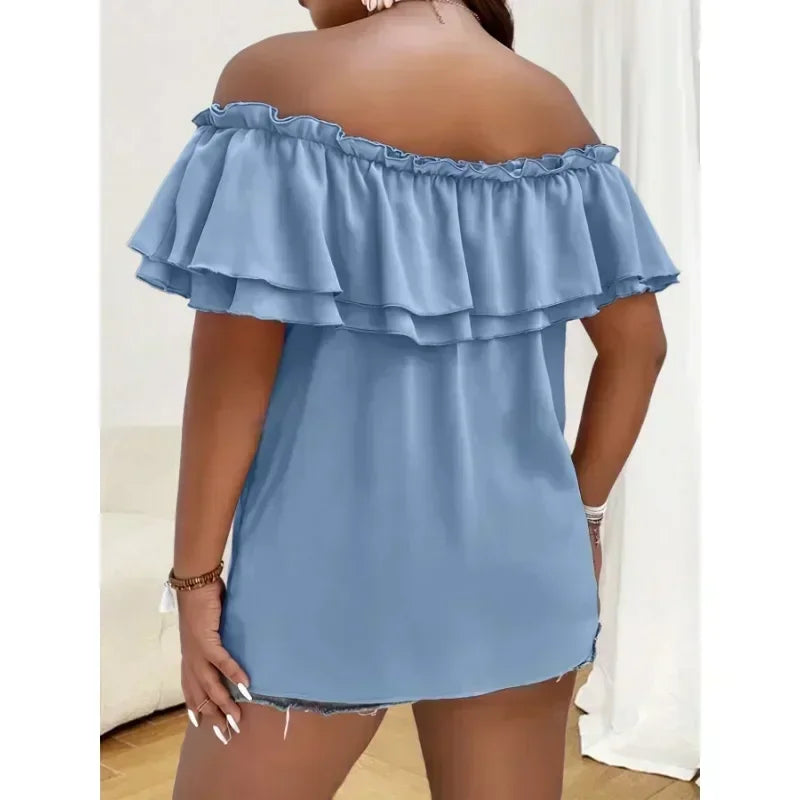 Women's Plus Size 1XL-5XL Summer  Casual Temperament Solid Color Ladies Fashion Short Sleeve Shirt One Shoulder Bow Top