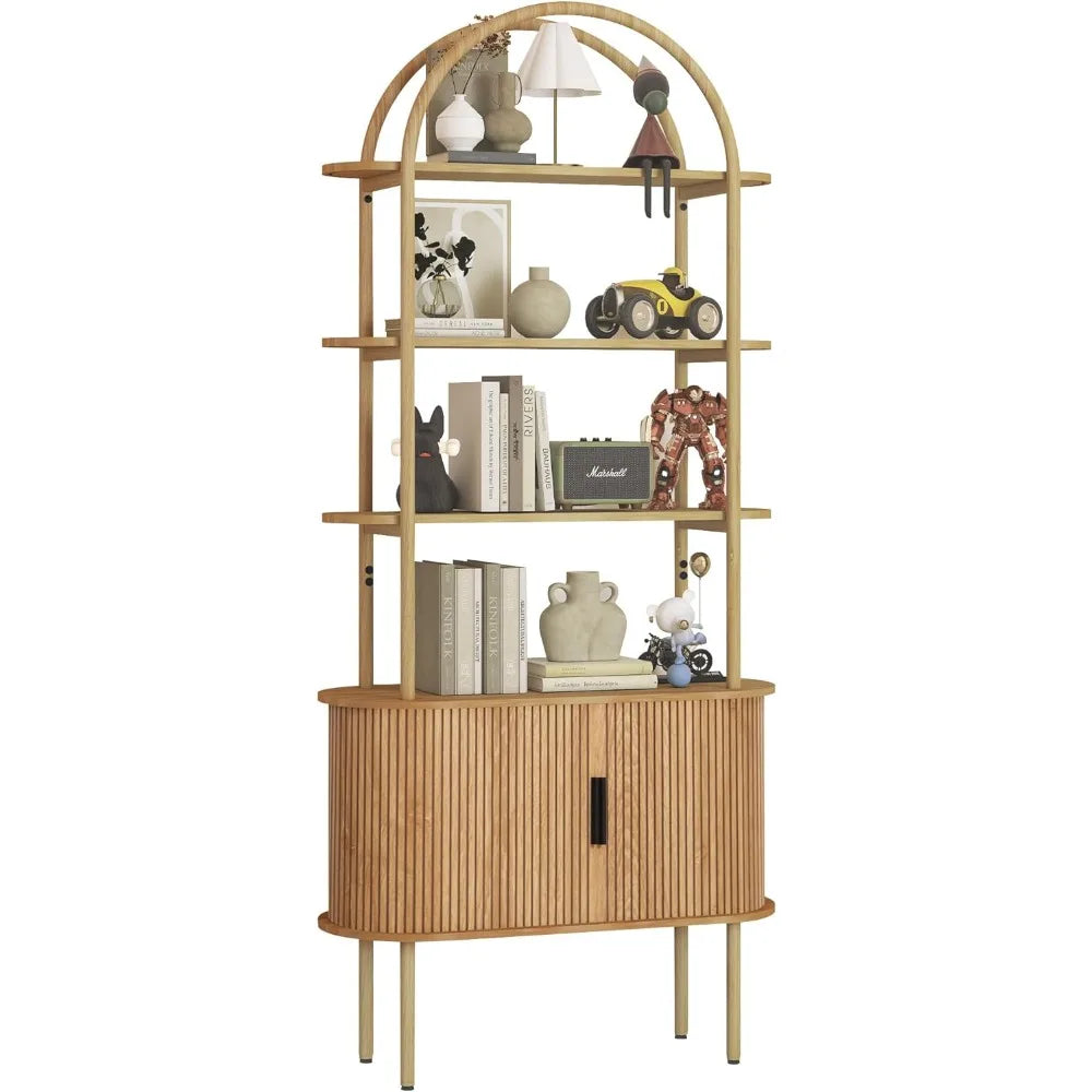 71" Tall Mid Century Modern Fluted Arched Bookshelf. Features sliding tambour doors and 4 - tier open storage. This curved books
