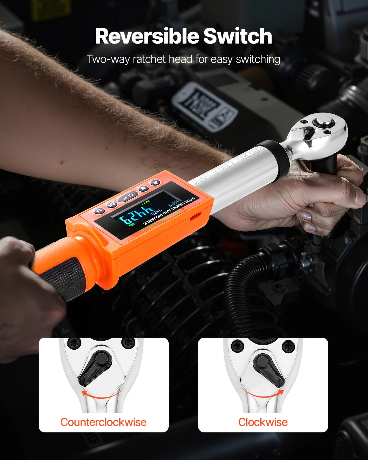 VEVOR Digital Torque Wrench 72-Tooth ±2% High Accuracy Electronic Torque Wrench Preset Value Buzzer and LED Notification