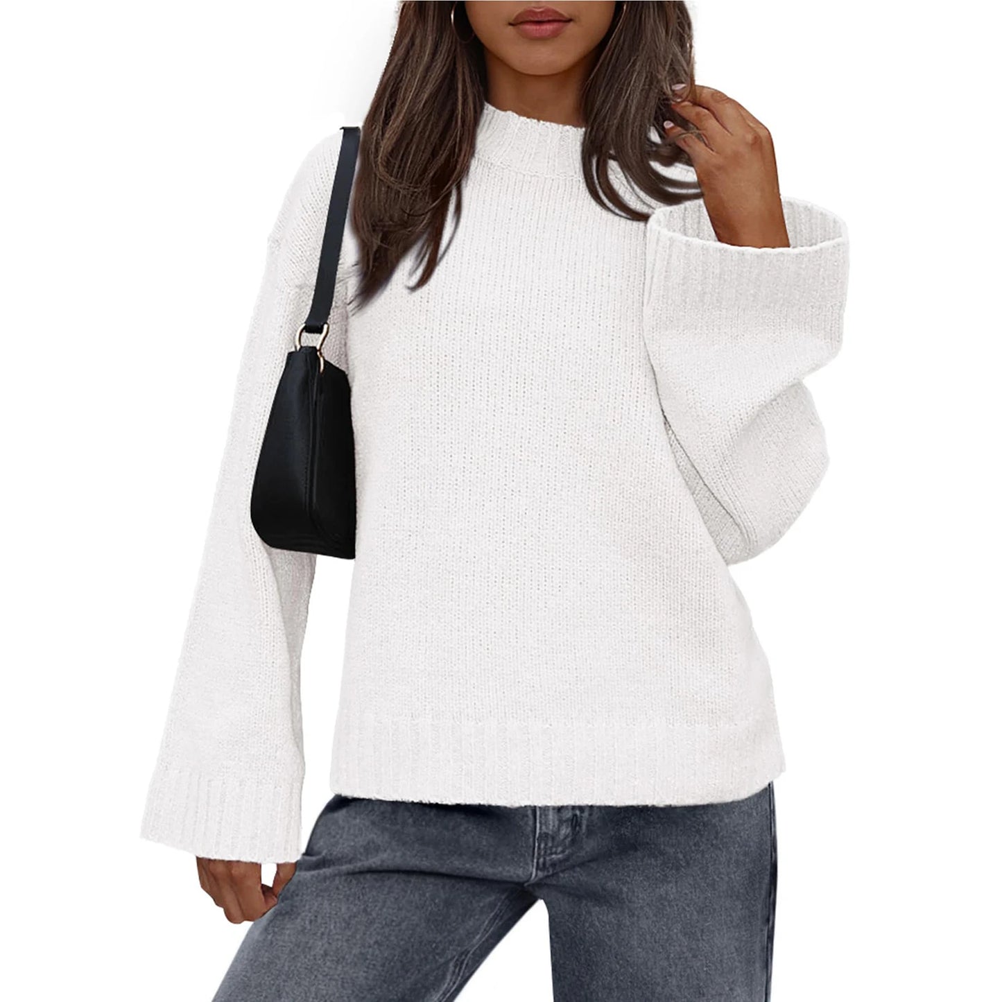 Womens Loose Round Neck Solid Color Bell Sleeve Long Sleeve Knitted Sweater Top Ropa De Mujer Sweater De Mujer Pull Femme