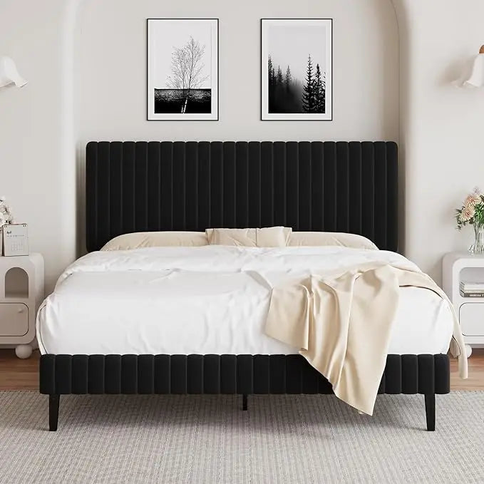 Queen Size Bed Frame with Headboard, Velvet Upholstered Platform Bed with Vertical Channel Tufted Design, No Box Spring Required