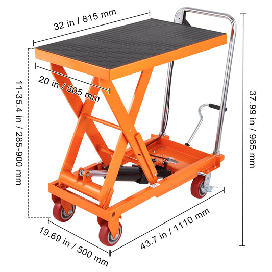 SucceBuy 1100lbs Hydraulic Lift Table Cart Manual Single Scissor 35.4" Lifting Height with 4 Wheels for Handling Transport