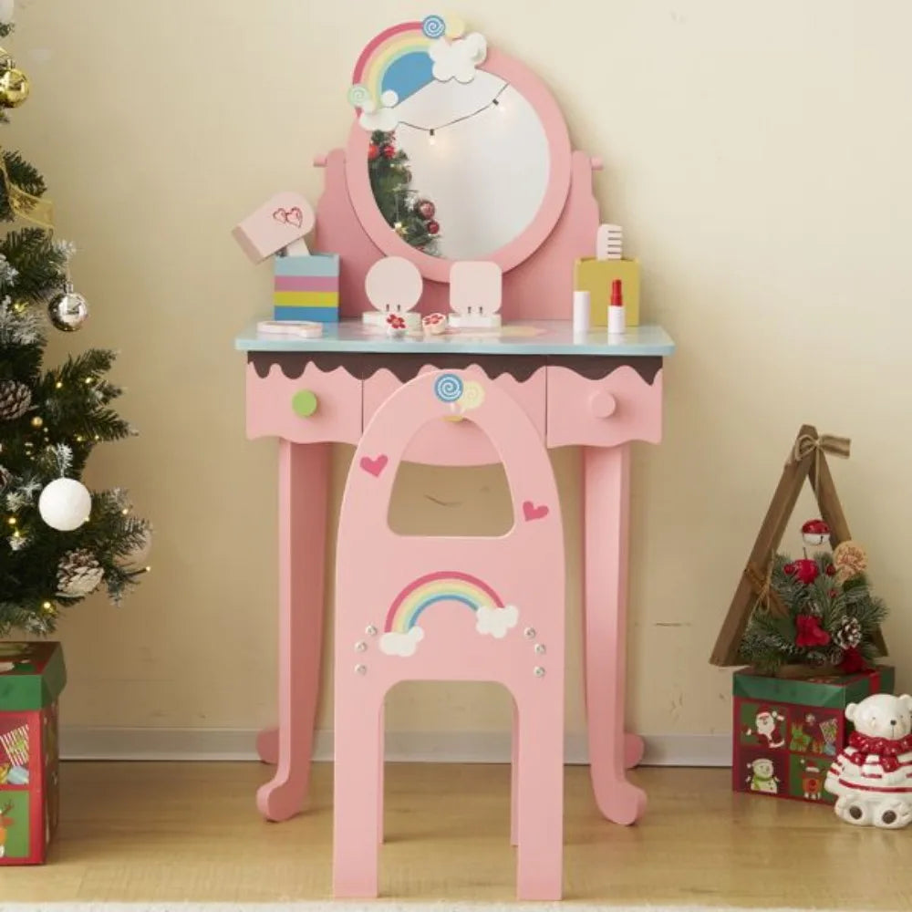 Kids Vanity Table and Chair Set with 7 Pieces Pretend Play Makeup Toys Mirror and Stool for Toddlers Girls Pink