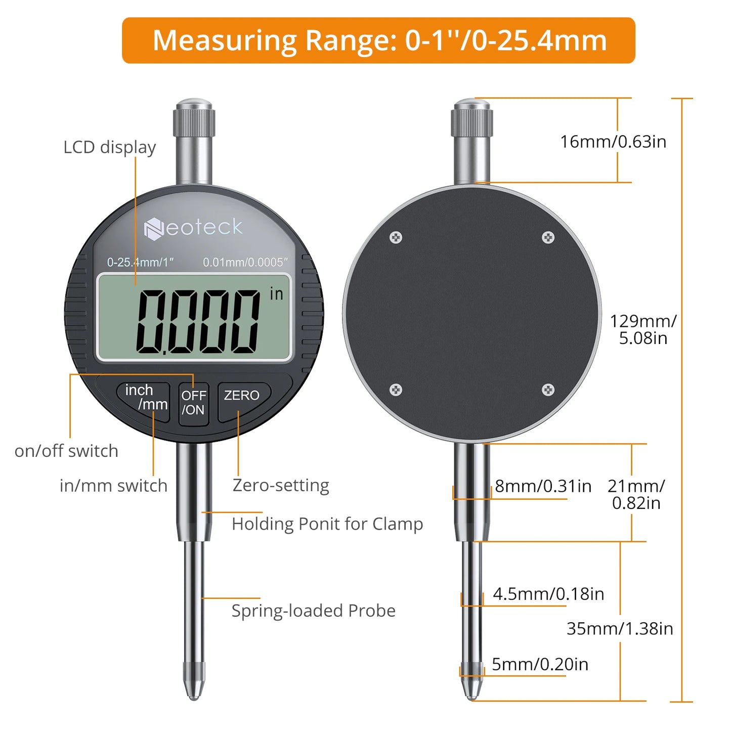 Professional 0-1" Digital Dial Gauge Magnetic Base 25.4mm Precision Machinist Measurement Tool