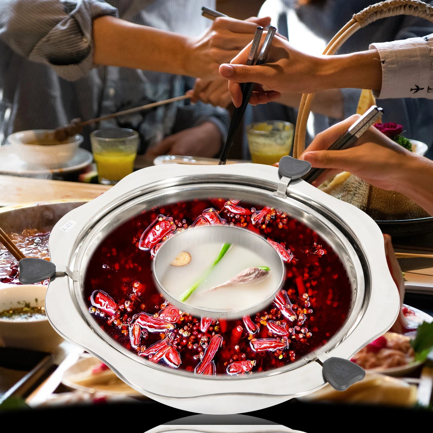 32cm Stainless Steel Rotating Hot Pot W/soup Filtering Grid, Mandarin Ducks Hotpot Detachable Double Layer Design