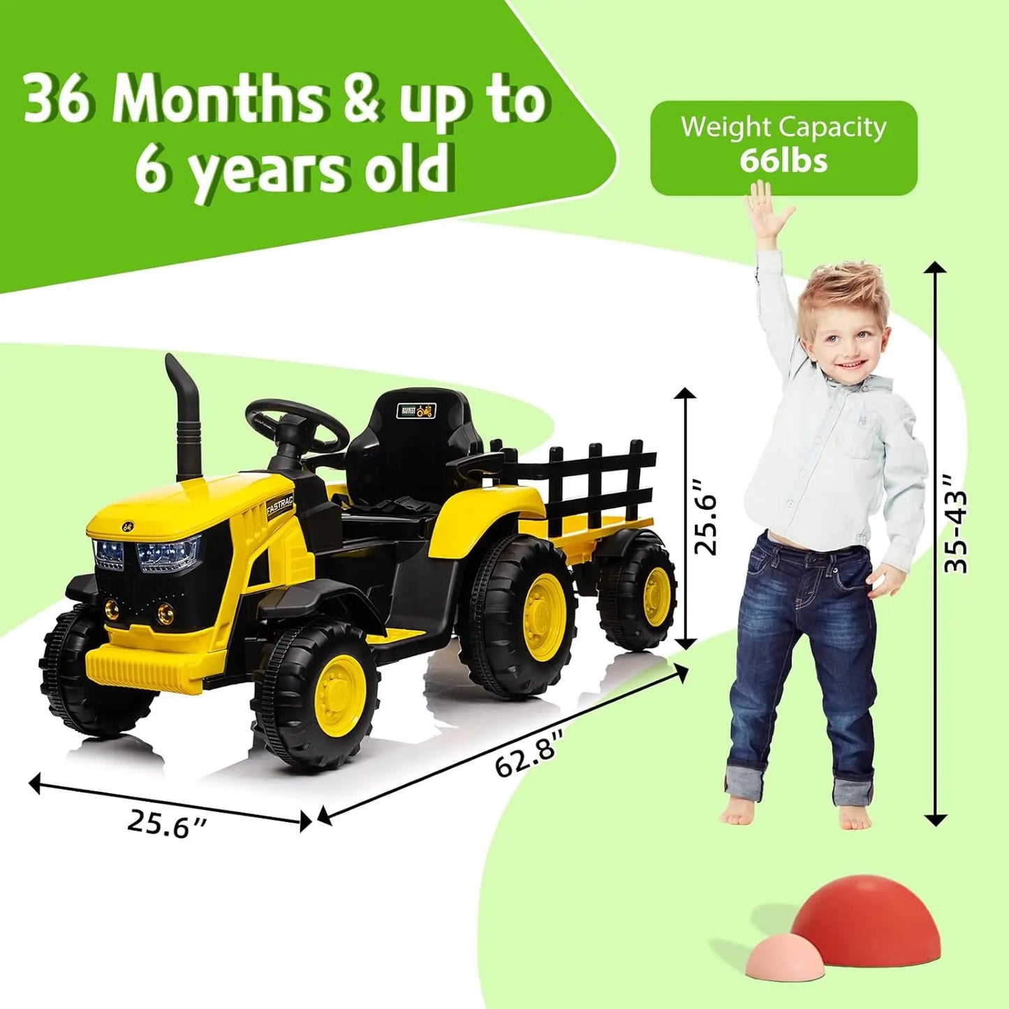 12V Battery Powered Kids Ride On Tractor Toys with Remote Control 35W Dual Motors Bluetooth Music 3-Gear Shift Safety Belt 3-6Y