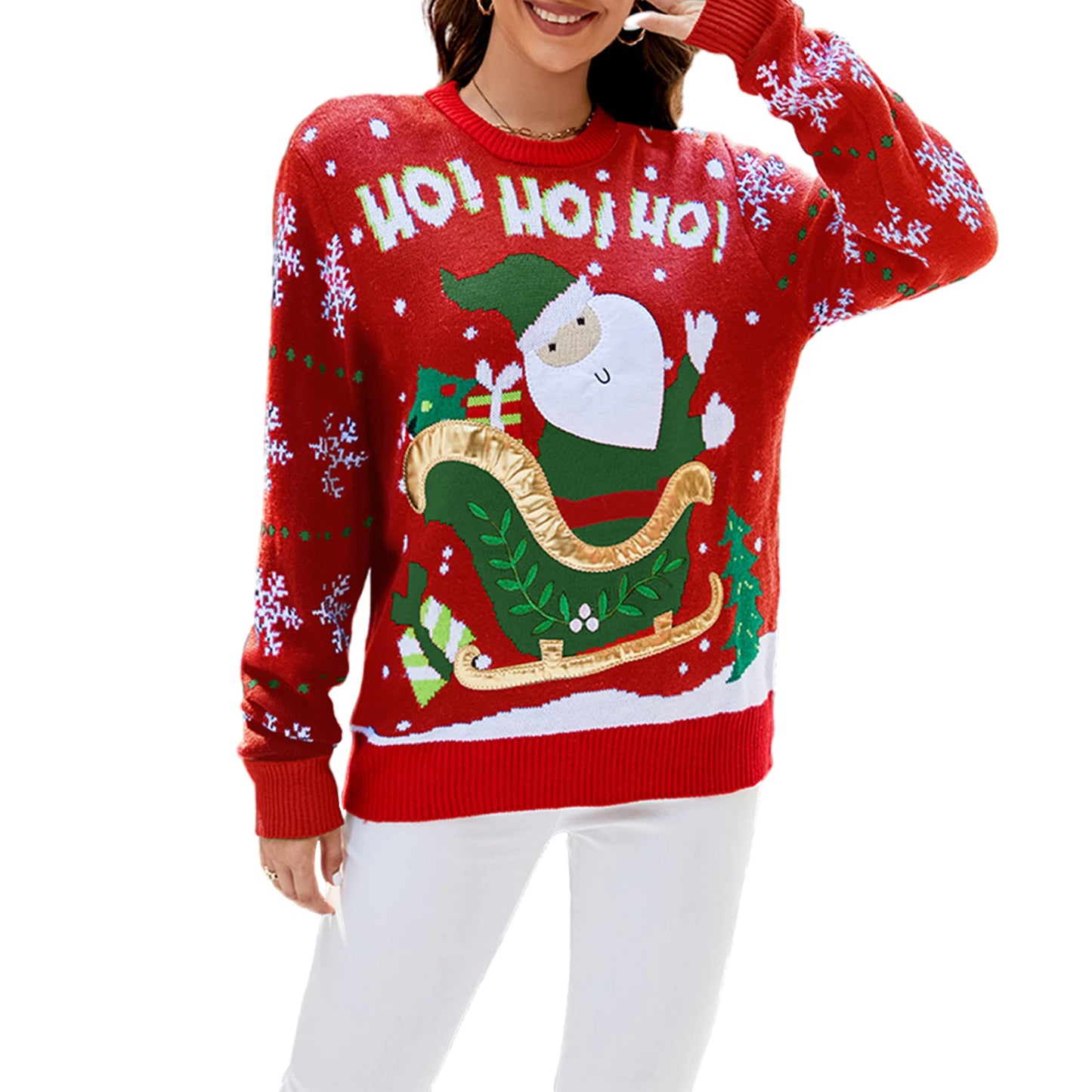 Women Christmas Sweater Winter Long Sleeve Round Neck Santa Claus Pattern Classic Fit Knit Tops