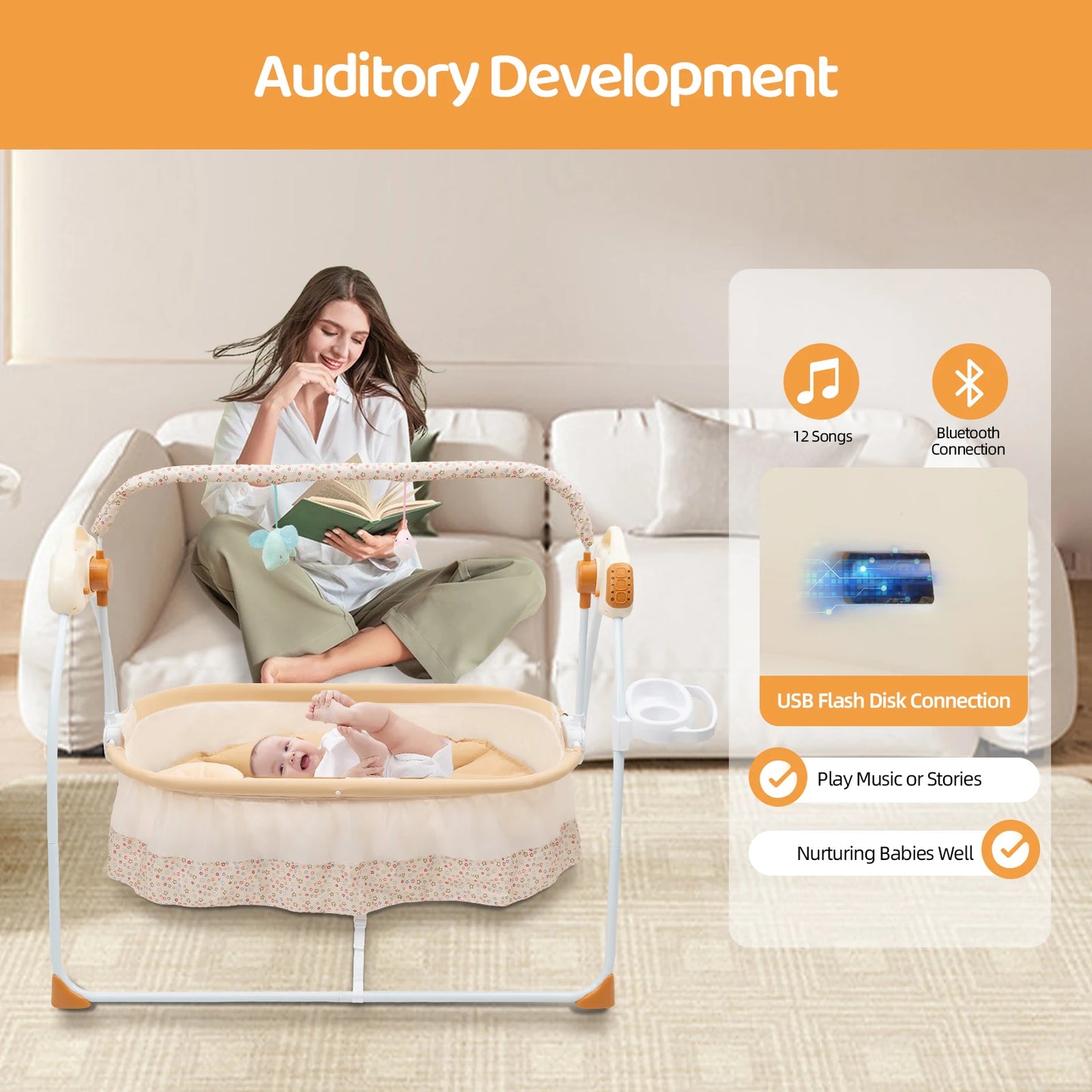 Electric Baby Crib Cradle Auditory Remote Control Foldable Auto-Swing Rocking Bassinet Sleep Bed Infant U-Shaped Strap/Buckles