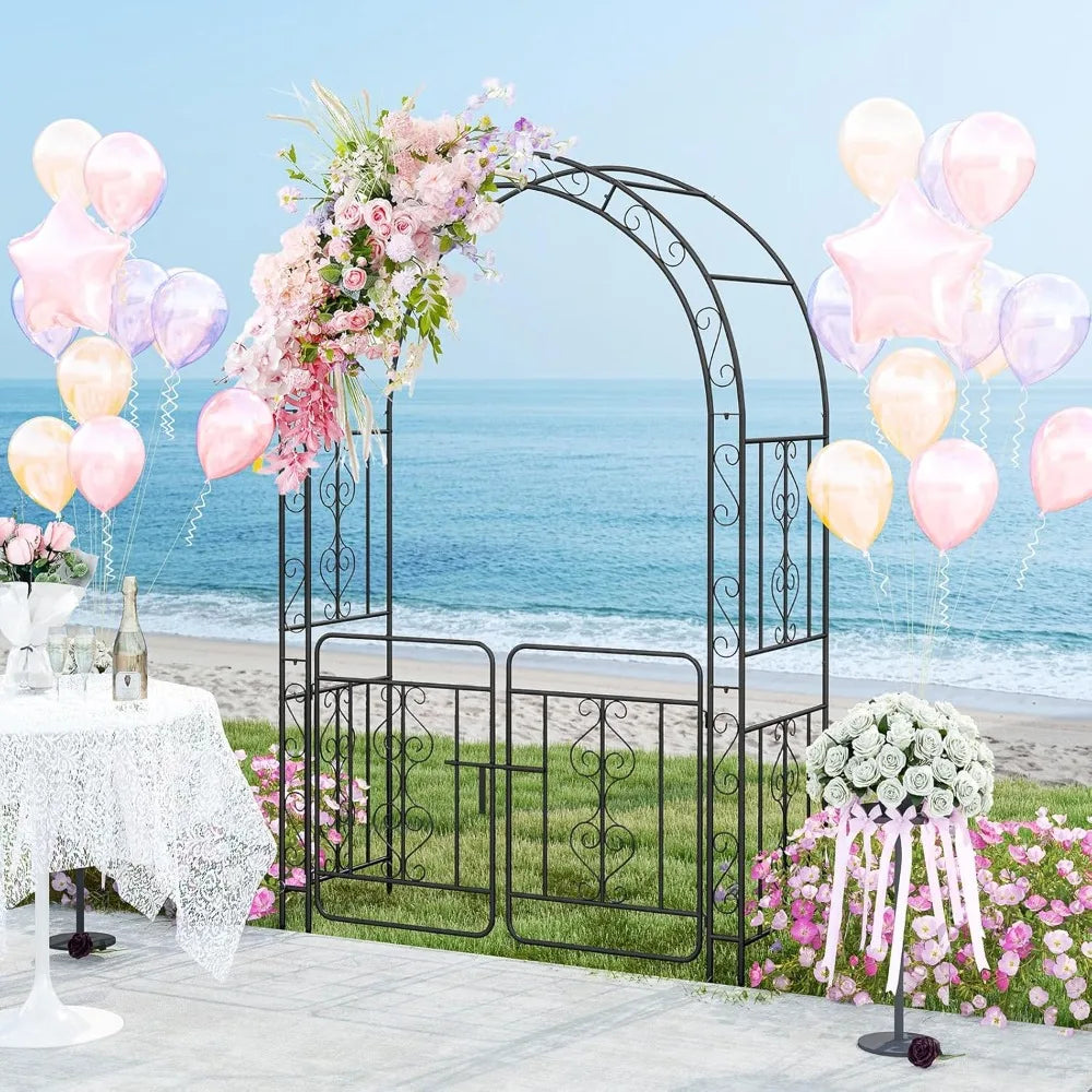 Garden Arbor with Gate, 84" H x 54" W Metal Arch Trellis for Climbing Plants Rose Vines, 6 Sharp Ground Stakes, Heavy Duty