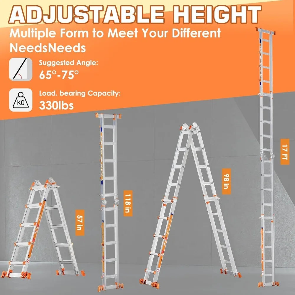 Telescoping A Frame Ladder, 17FT Multi Position Ladder w/ Stabilizer Bar & Wheels, 330lb Capacity for Stairs & Home