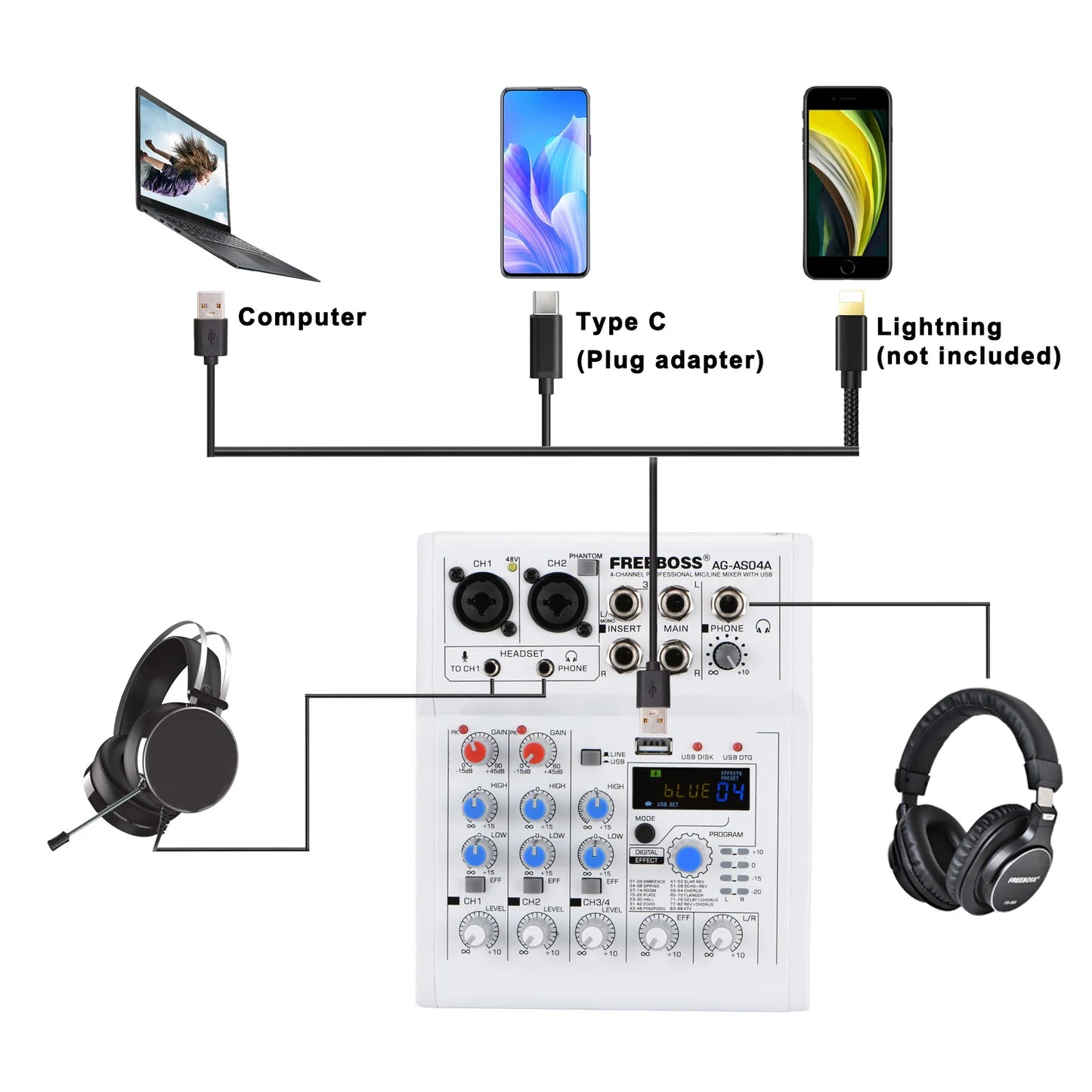 Freeboss Mixing Console Mobile Broadcast 4 Channel Bluetooth PC USB 88 DSP Digital Effect White Sound Audio Mixer AG-AS04A