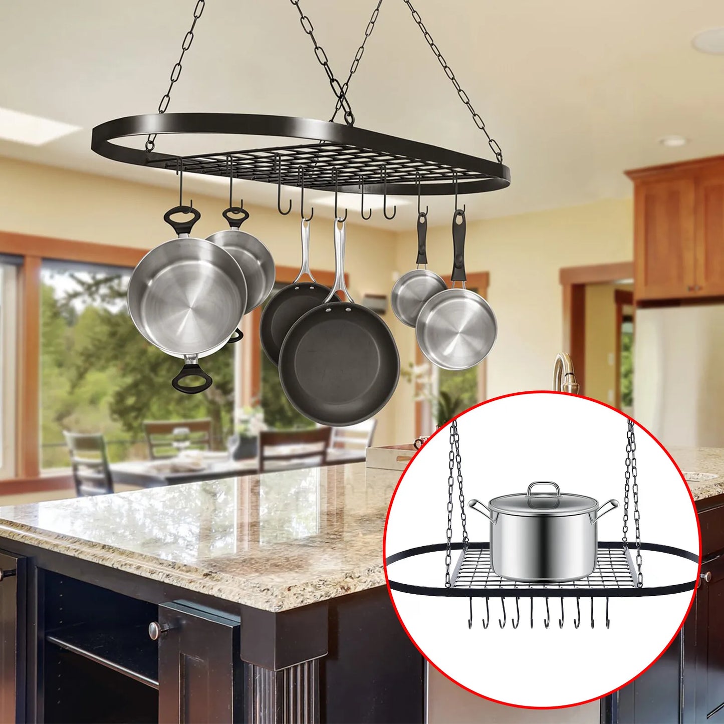 Pot & Pan Rack Ceiling Mounted kitchenware Holder Hanging Storage Shelf w/10Hook