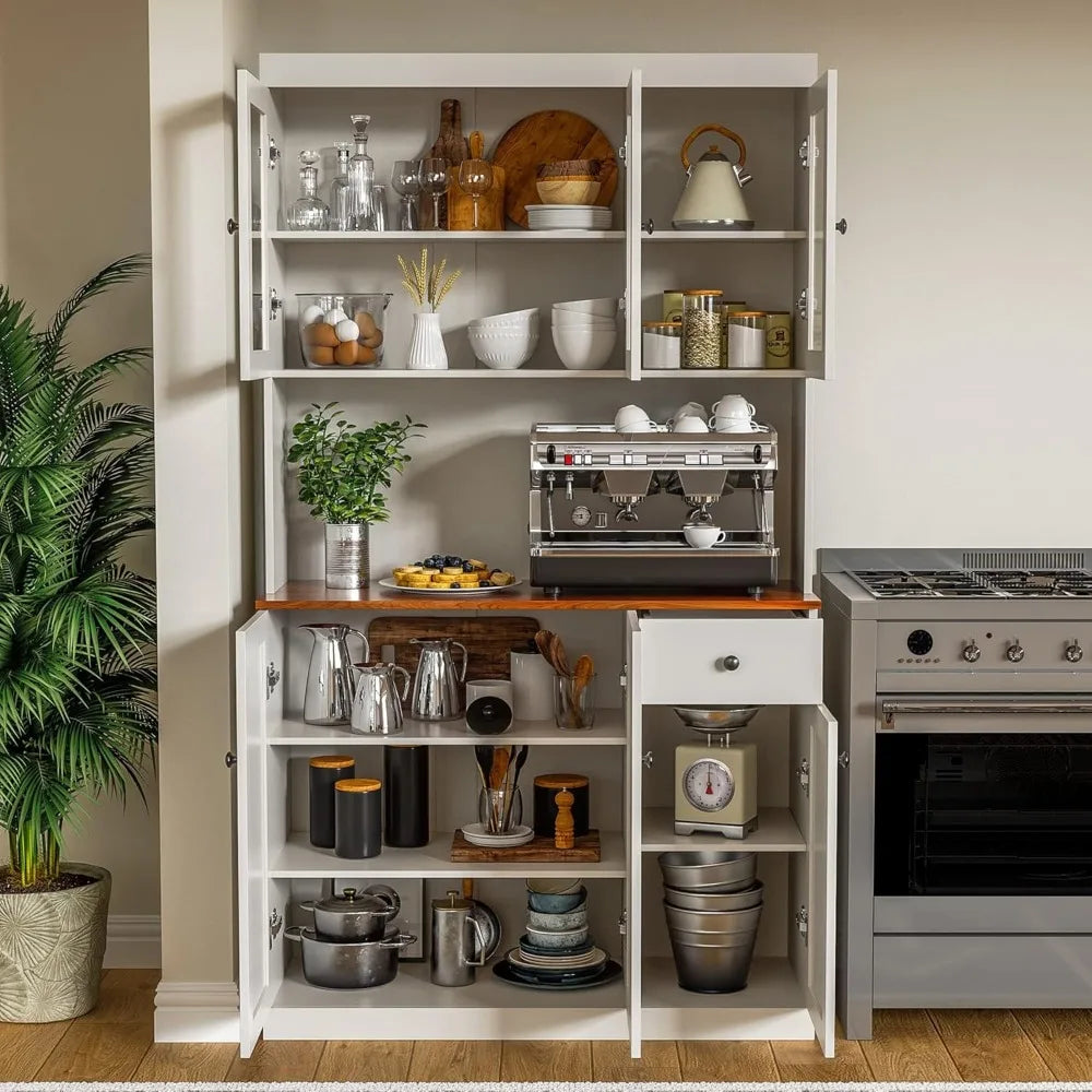 Tall Kitchen Pantry Cabinet with Microwave Shelf, Modern Large Freestanding Sideboard Cupboard Kitchen Hutch Cabinet