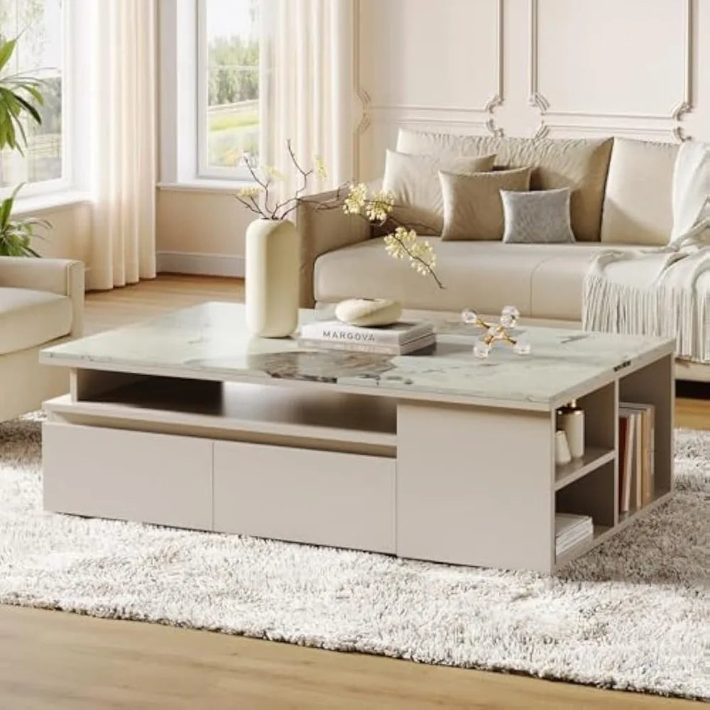 Extendable Tabletop Coffee Table with 4 Drawers and Storage Shelf Modern Design 51 Inch to 71 Inch Center Table for Living Room Beige