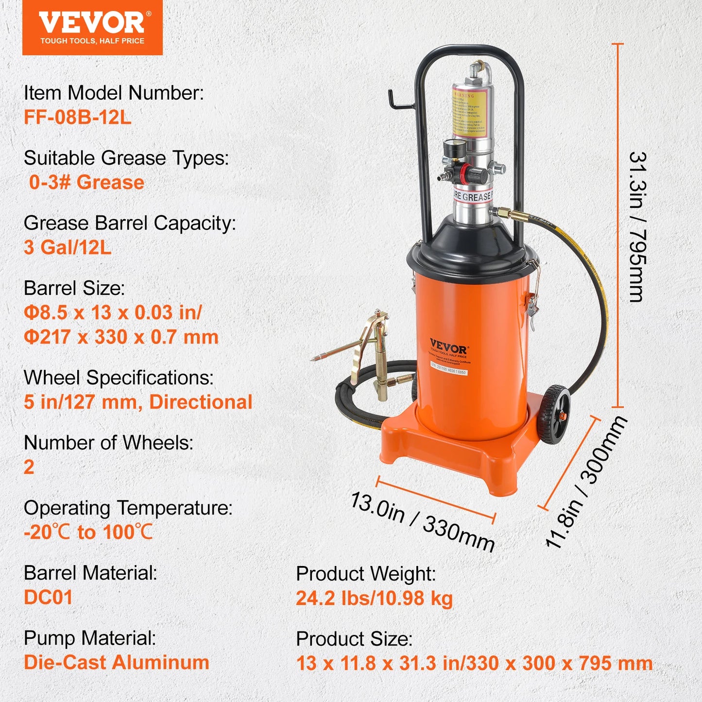 SucceBuy 3/5/10 Gallon Grease Pump Air Operated with Hose Pneumatic Grease Bucket Gun and Wheels for Cars 50:1 Pressure Ratio