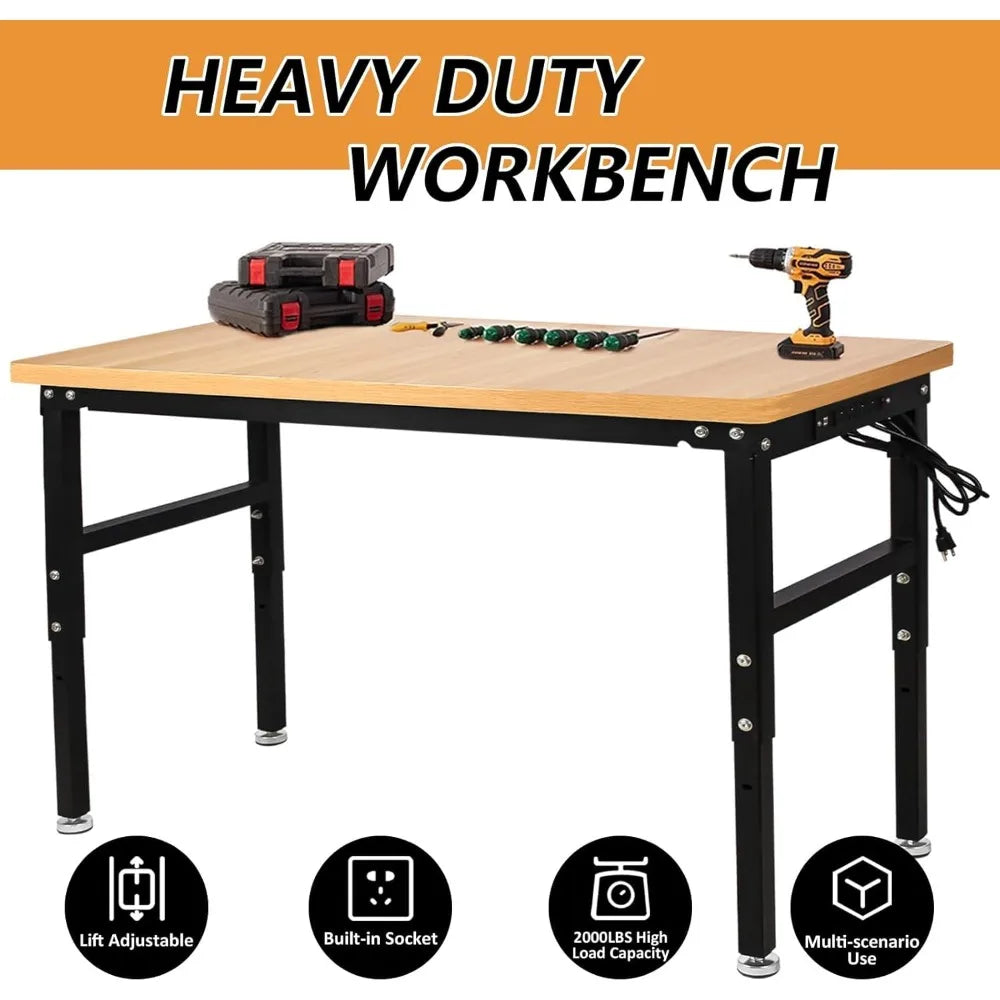 60'' Adjustable Work Bench with Power Outlet, Work Table for Garage,2000 Lbs Capacity Hardwood Workbench,Heavy Duty Table for Wo