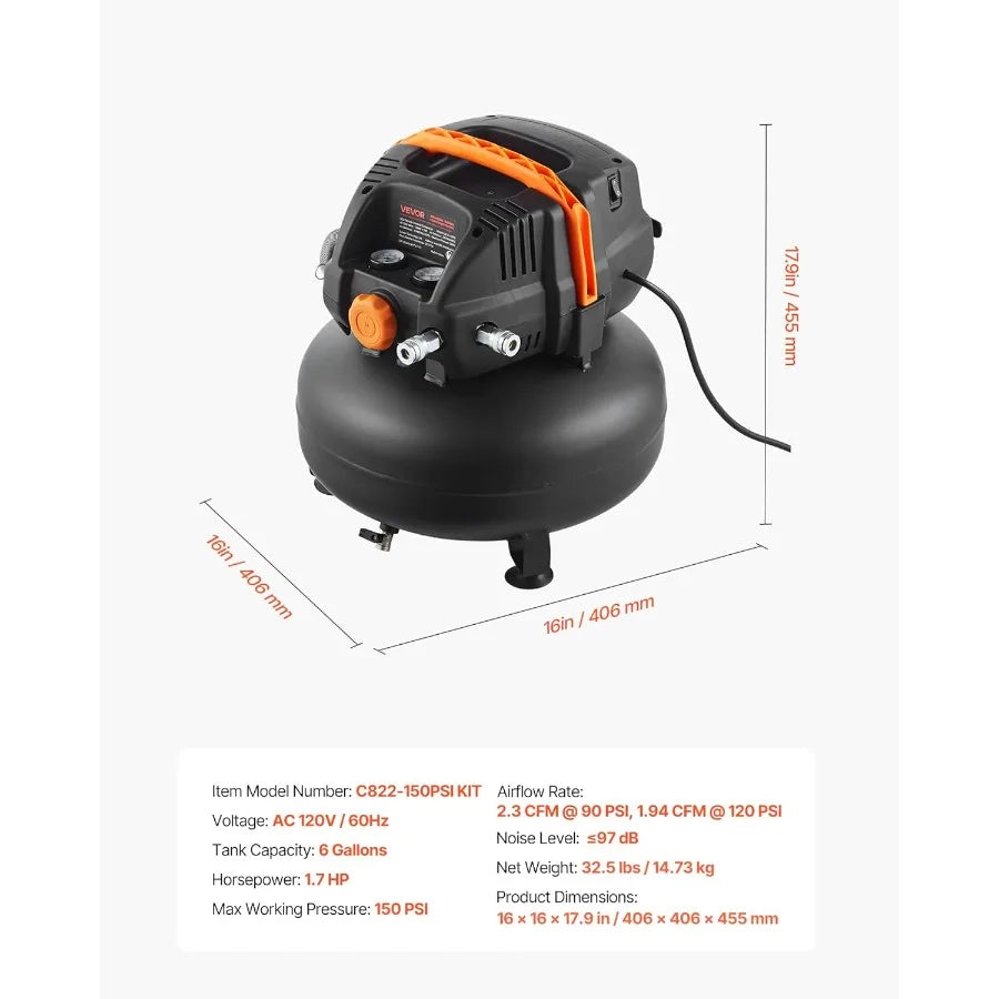 6 Gallon Air Compressor 1.7HP 2.3CFM@90PSI Portable Pancake Air Compressor with 150PSI Max Pressure Ideal for Tire Inflation Sp