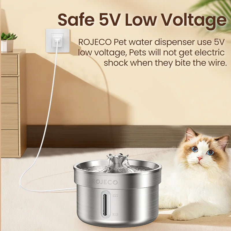 ROJECO Stainless Steel Cat  Water Fountain Automatic Pet Drinking Fountain for Cat Dogs Drinker Rechargeable Pet Water Purifier