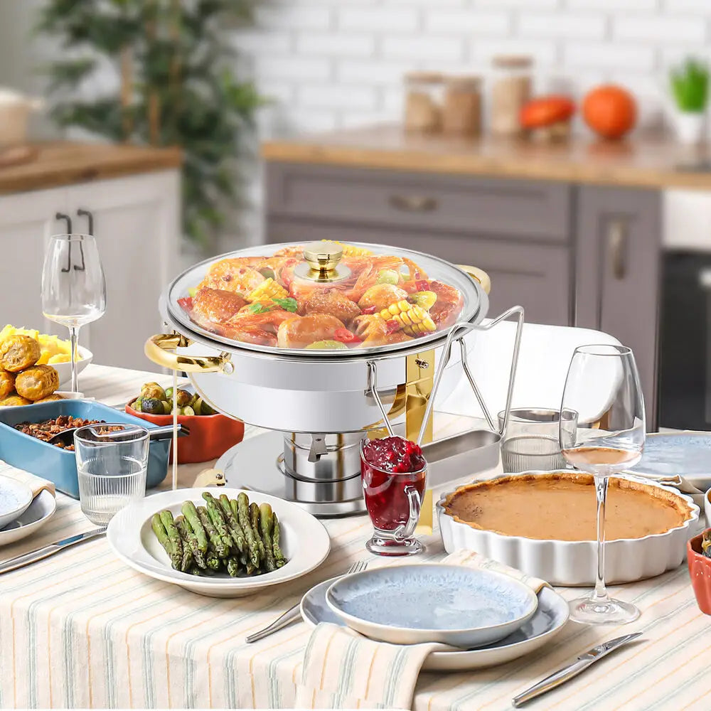 6Pack 5QT Stainless Steel Chafing Dish Buffet Set Round w/Glass Lid Gold