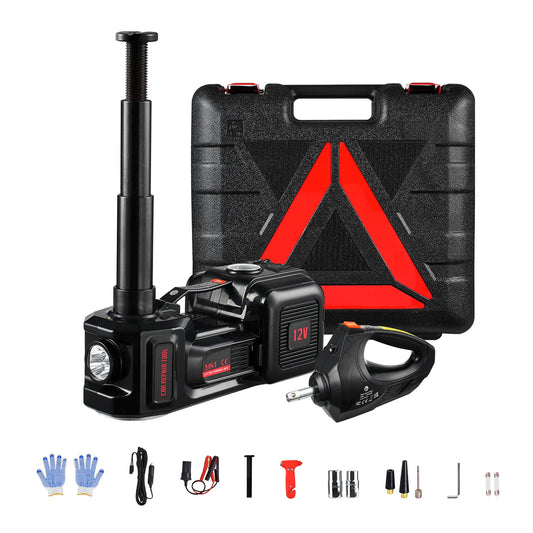 SucceBuy Electric Car Jack 12V 5T Electric Scissor Jack with Built-In Inflator Electric Impact Wrench LED Light for Sedan SUV