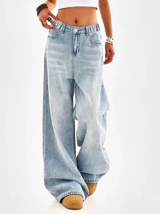 Retro Washed Blue Wide Leg Jeans For Juniors Regular Fit