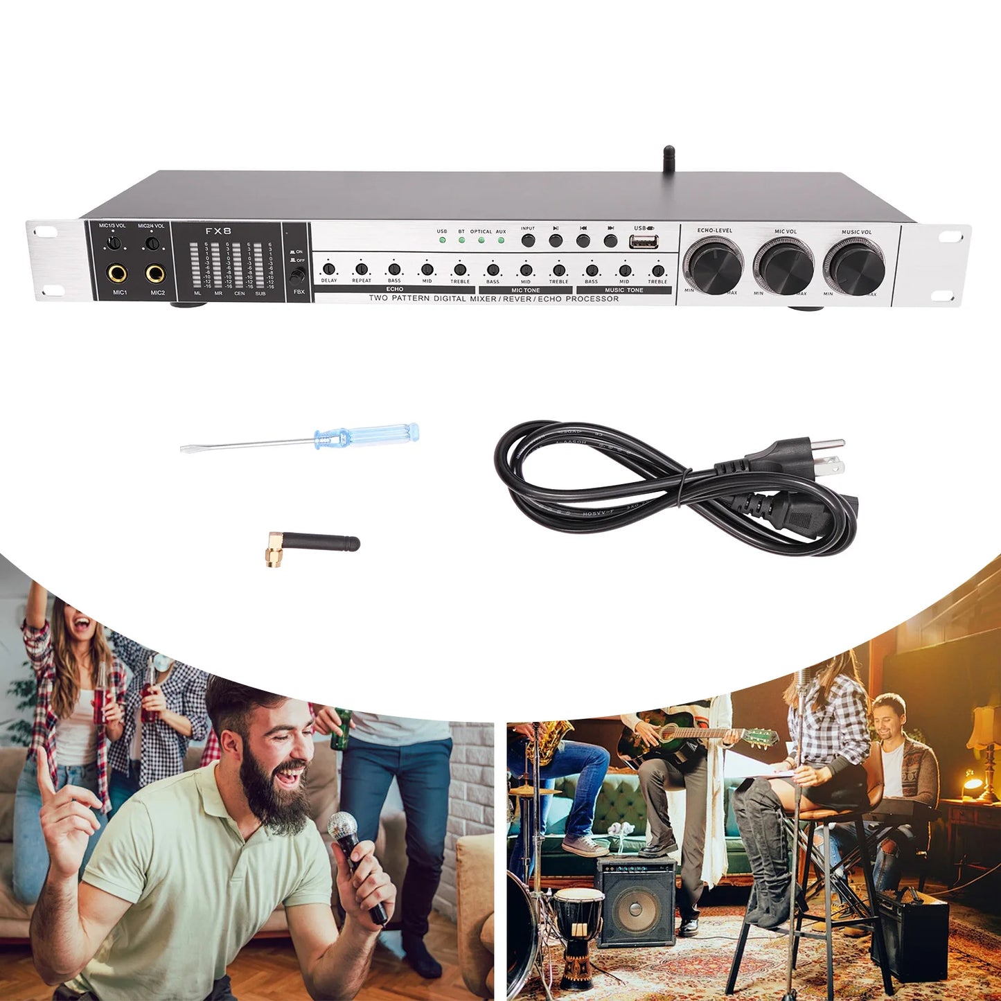 Professional 4-Mic Karaoke Mixer, Non-slip, Ati-howling, Bluetooth & USB & Optical Audio with Anti-Feedback & EQ Controls